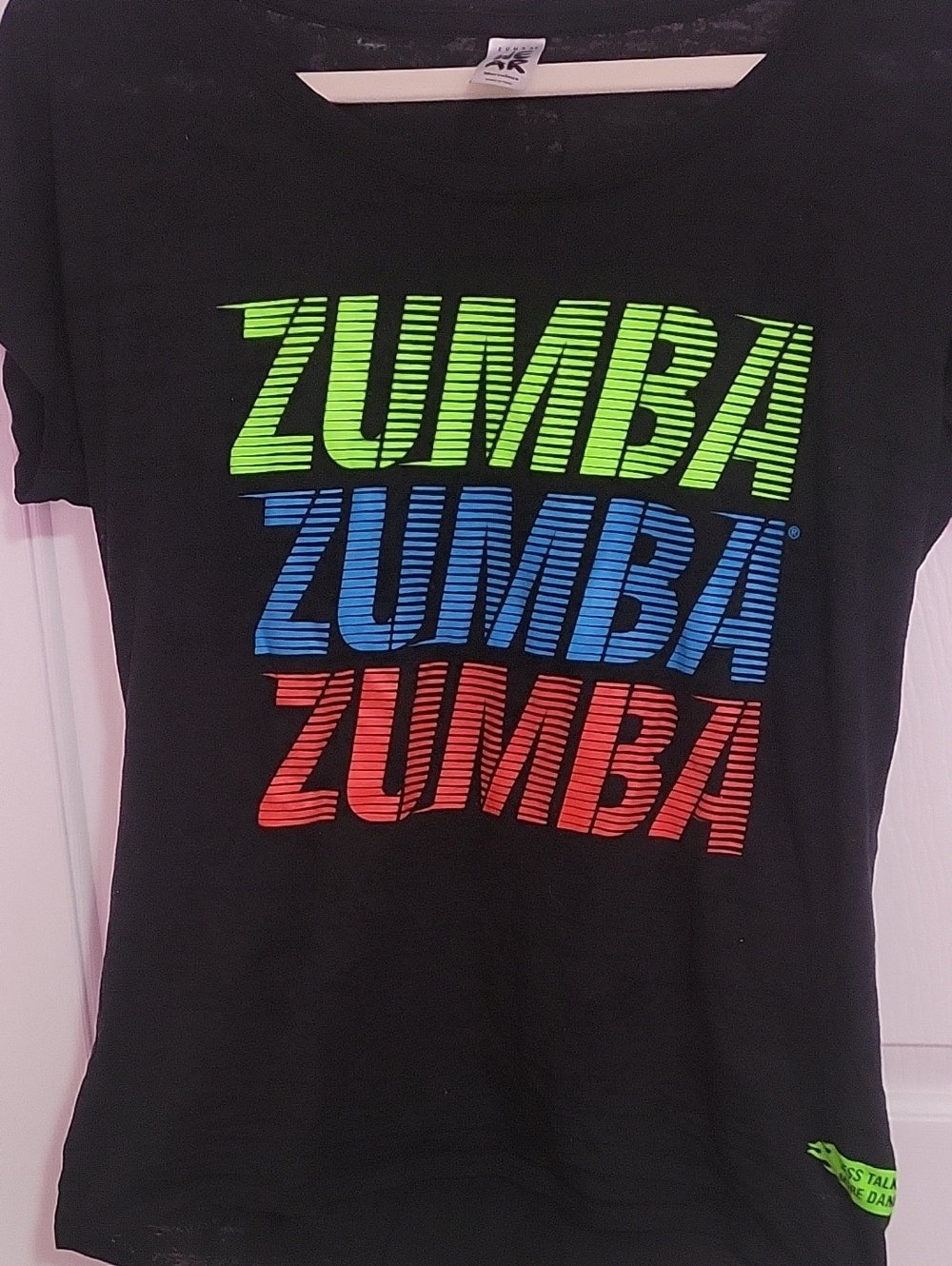 Zumba Black Tee with Neon Green, Blue & Red Logo SIZE Marvelous